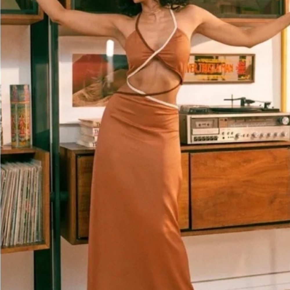 Meshki Brown Bodycon Maxi Dress with Halter Neckline for Night Out